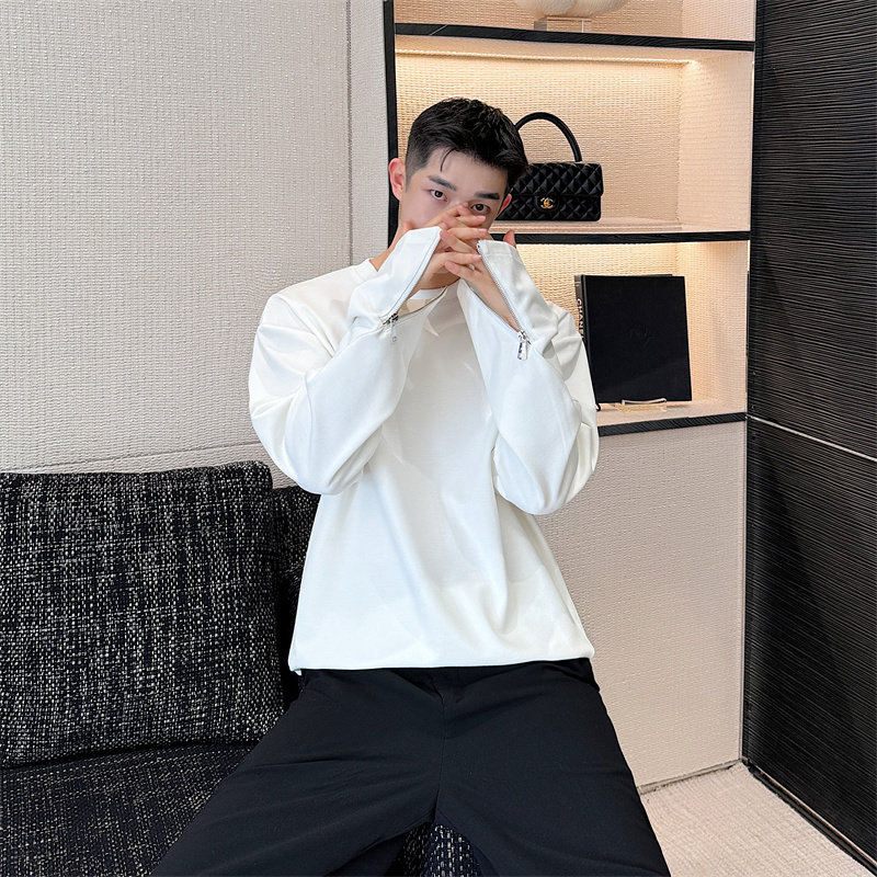 春季网红小心机袖口拉链设计长袖T恤男内搭纯色时尚t恤衫上衣打底