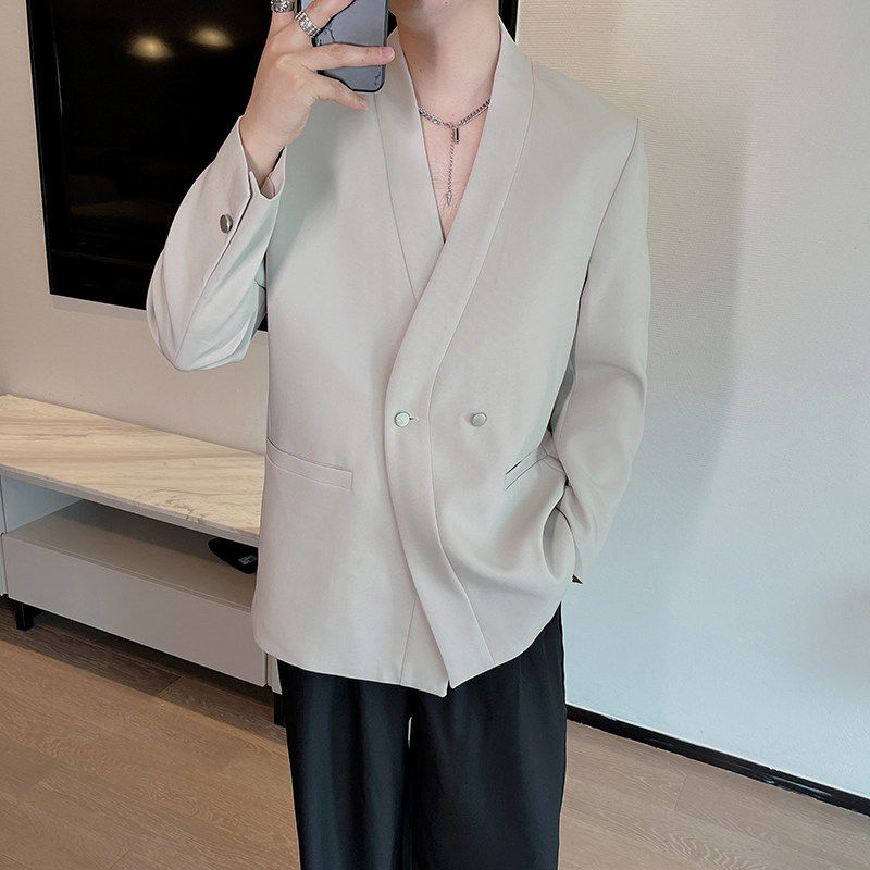秋季韩版设计感简约休闲无领西服男轻熟风高级感垫肩轻奢西装外套