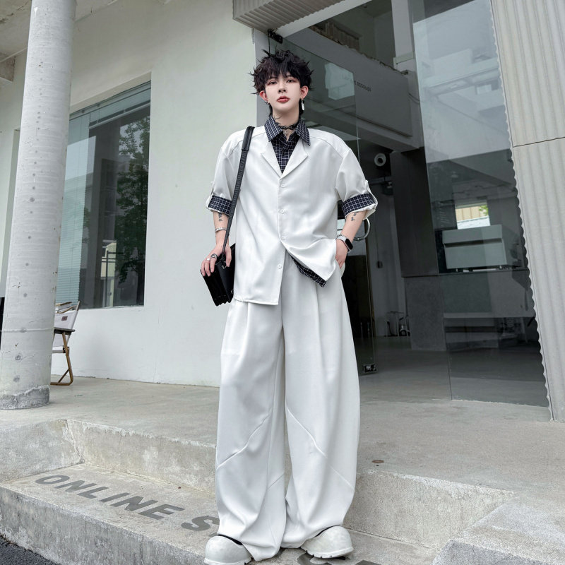 2026夏装韩系穿搭拼接格子假两件短袖衬衫套装男阔腿长裤两件套潮