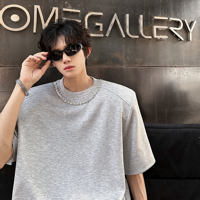 夏季网红小香风链子装饰痞帅T恤男短袖美式重磅330g垫肩半袖t恤衫