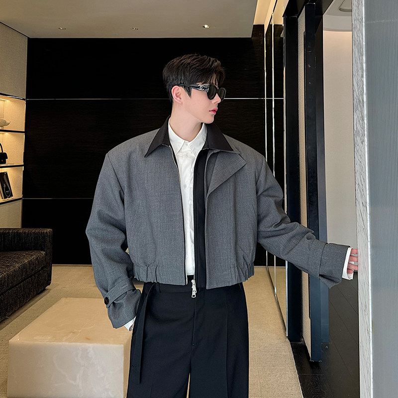 秋冬秀款老钱风个性立裁双层撞色拼接设计短款夹克外套男痞帅高级