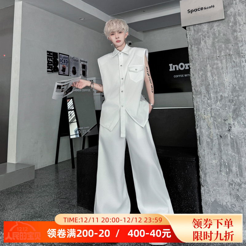2025夏装韩版收腰垫肩无袖衬衫男马甲套装男模穿搭阔腿长裤两件套