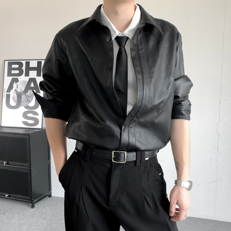 日系雅痞机车皮衣衬衫男宽松高级感痞帅时尚男模穿搭上衣潮流衬衣