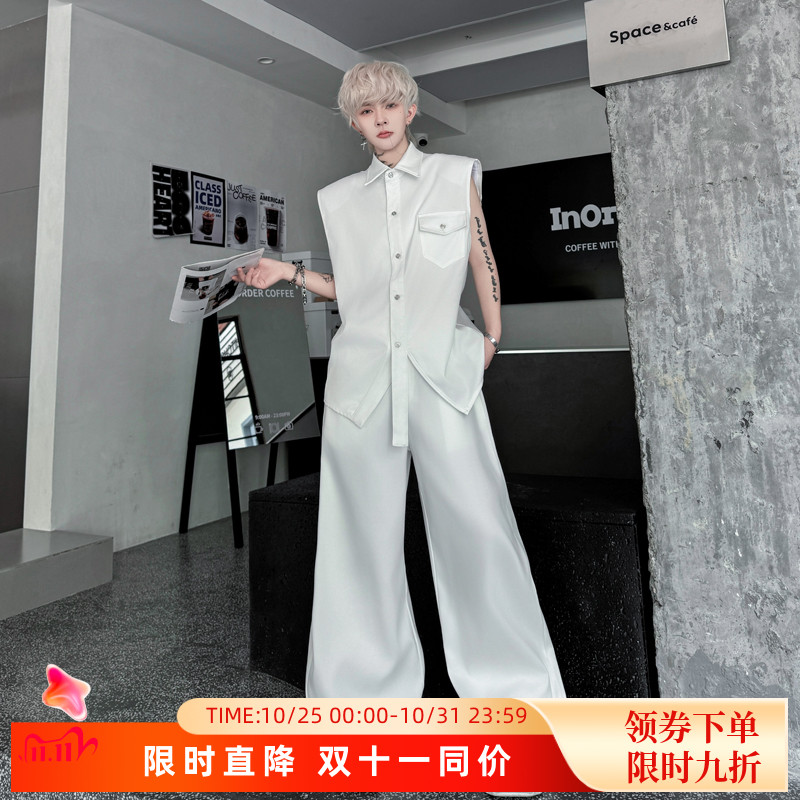 2025夏装韩版收腰垫肩无袖衬衫男马甲套装男模穿搭阔腿长裤两件套