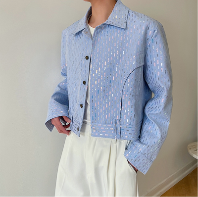 春秋闪亮亮片时髦蓝色短款夹克男洋气小众设计感韩版舞台装发型师