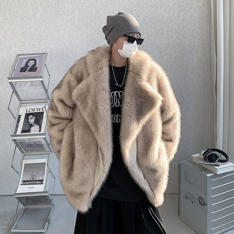 冬装气质高级感加厚毛皮毛一体仿狐狸毛中长款皮草大衣男宽松棉袄