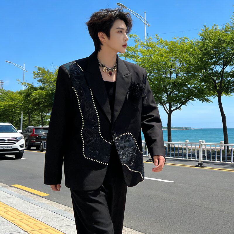 春秋黑色西装外套男模高级感亮片刺绣花纹设计钉珠轻奢西服痞帅潮