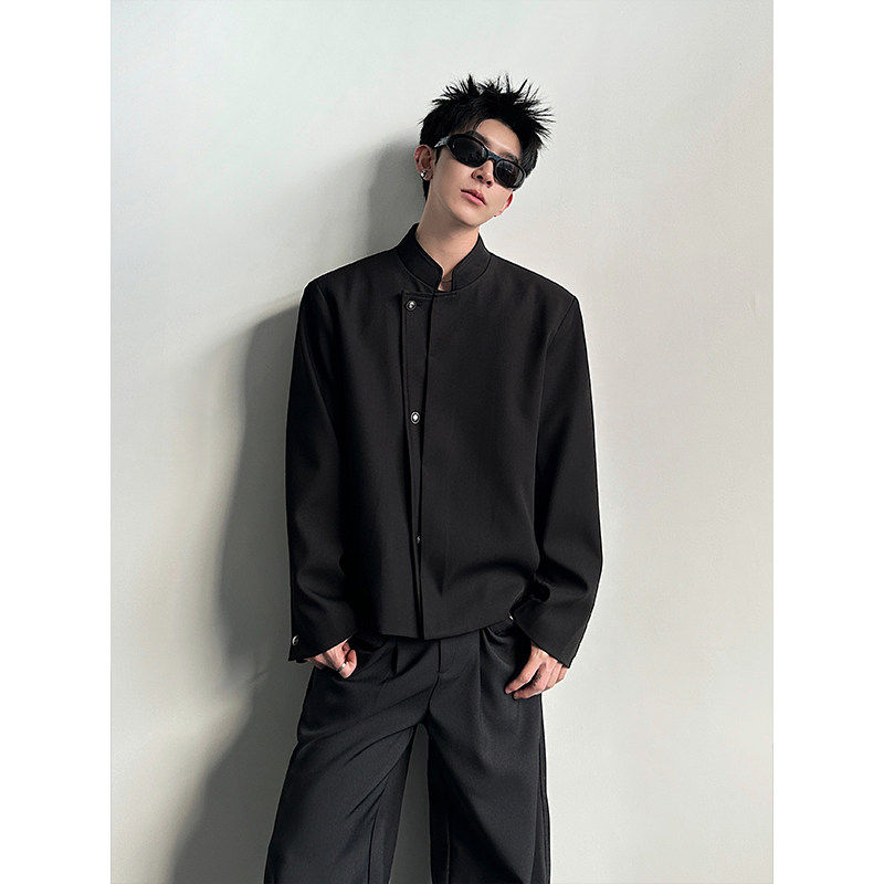 春季黑色立领斜门襟新中式西服外套男结构设计感痞帅短款小夹克潮