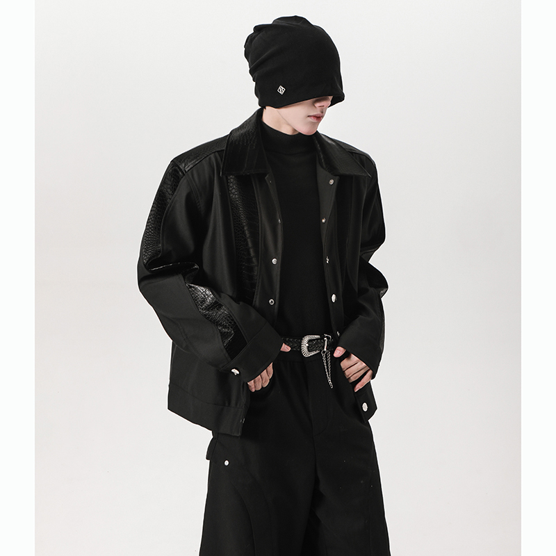 潮牌蛇纹复古高级感拼接夹克外套男老钱风短款垫肩美式痞帅上衣潮