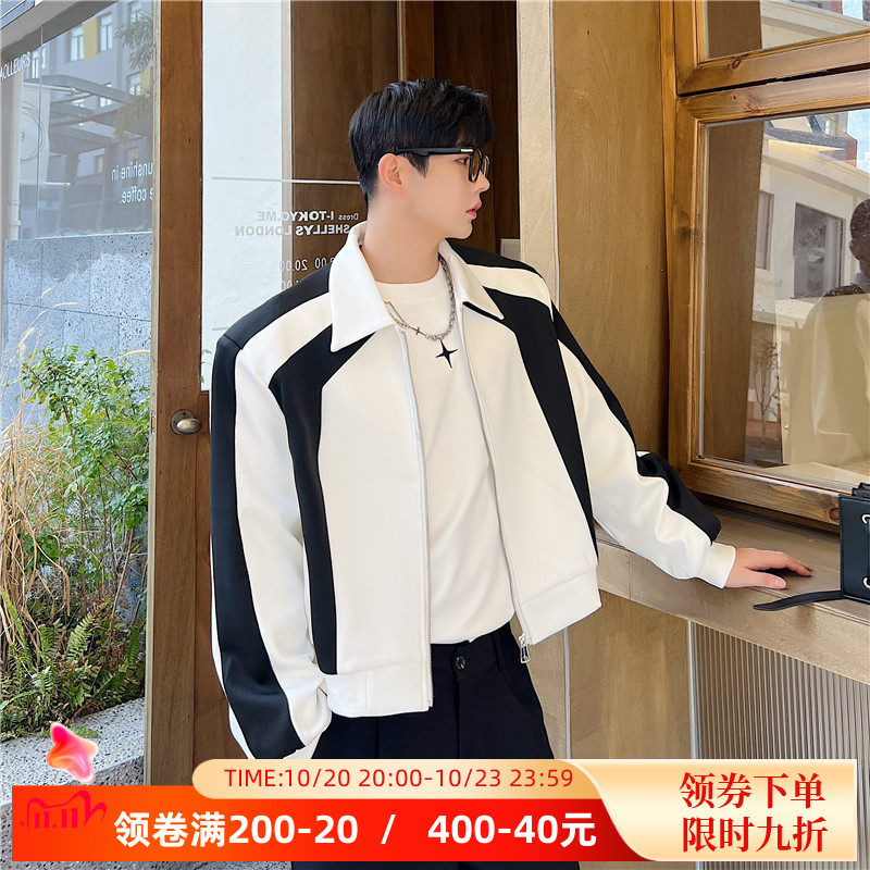 黑白拼色垫肩短款夹克男上衣
