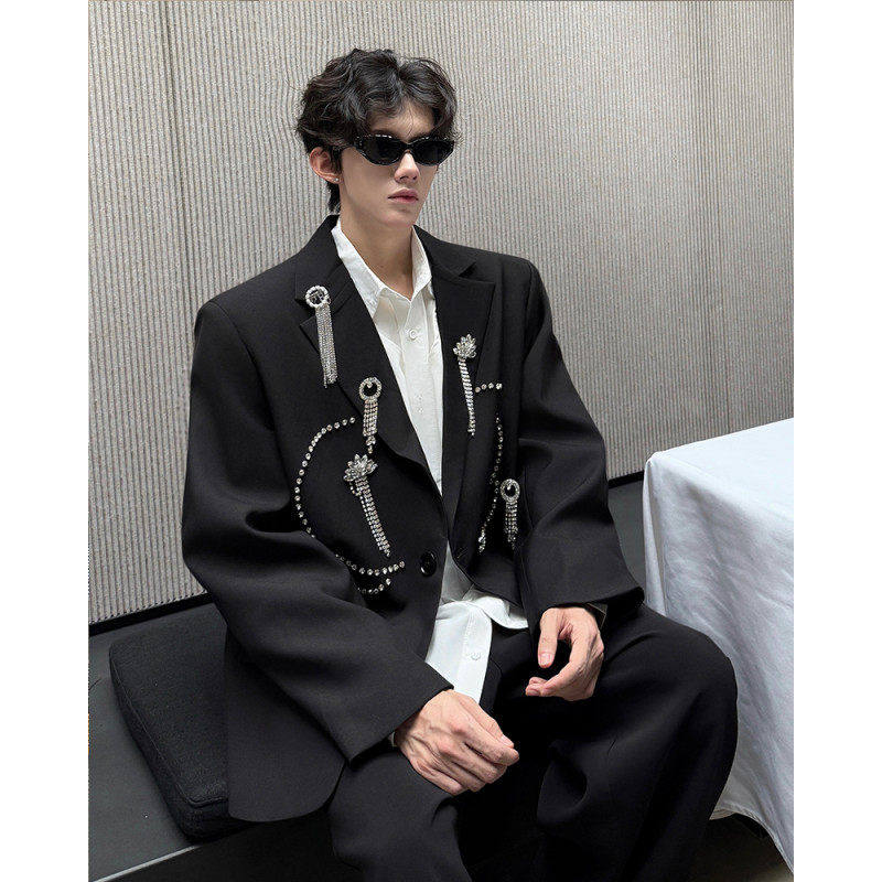 秋冬重工流苏水钻胸针钻石铆钉轻奢西装外套男模演出主持人西服潮