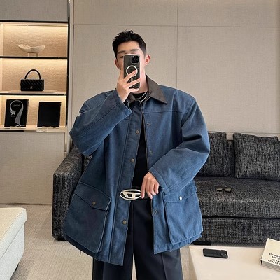 春秋小众粗纺帆布拼皮廓形夹克男藏青色大口袋设计感工装上衣外套