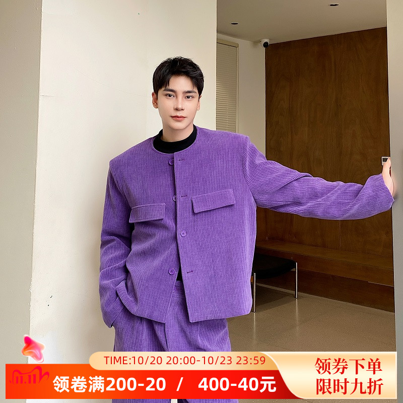 秋冬款时髦简约复古撞色短款西服套装男灯芯绒设计感炸街阔腿长裤