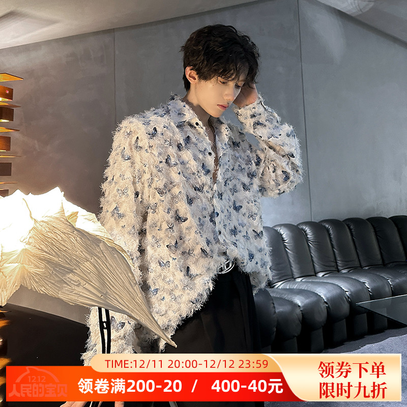 小众重工艺流苏蝴蝶情侣花衬衫男女羽毛设计感痞帅男模酒吧衬衣潮