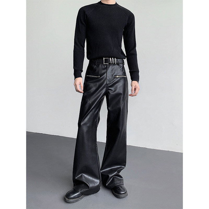 复古暗黑高街拉链设计感PU皮裤子男cleanfit痞帅微喇长裤机车朋克