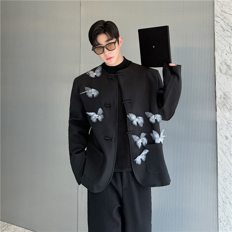 秋季新中式无领盘扣蝴蝶装饰设计感西装外套复古痞帅高级感西服潮