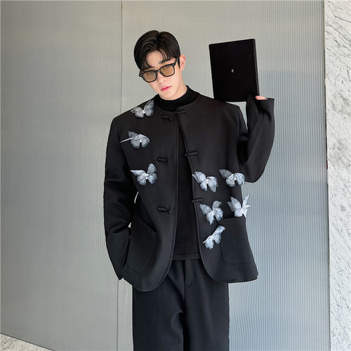 秋季新中式无领盘扣蝴蝶装饰设计感西装外套复古痞帅高级感西服潮