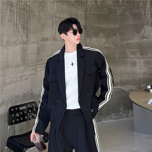 春季高级感撞色条纹休闲西服套装男设计感韩版阔腿裤裤痞帅两件套