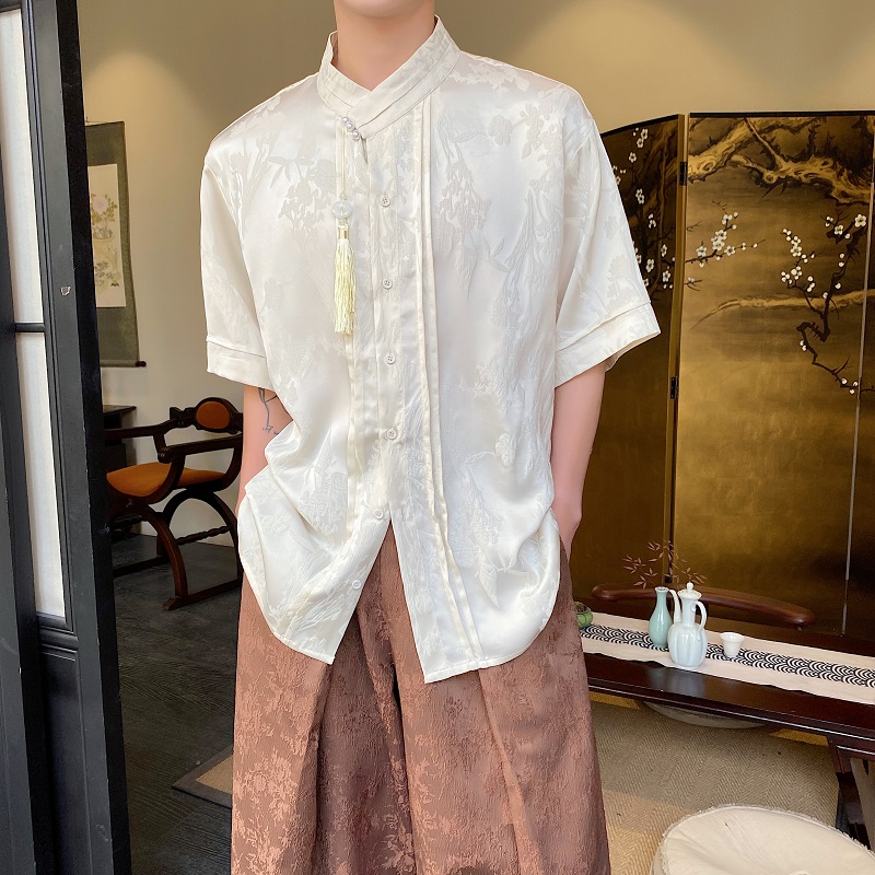夏季新中式缎面提花设计感短袖衬衣男复古国风流苏压襟雅痞衬衫潮