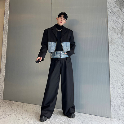 小众设计师款牛仔拼接短款西装男套装炸街高级感痞帅阔腿裤两件套