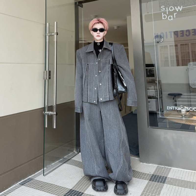 2025春装拉链装饰设计感垫肩短款夹克外套男阔腿长裤两件套高级感