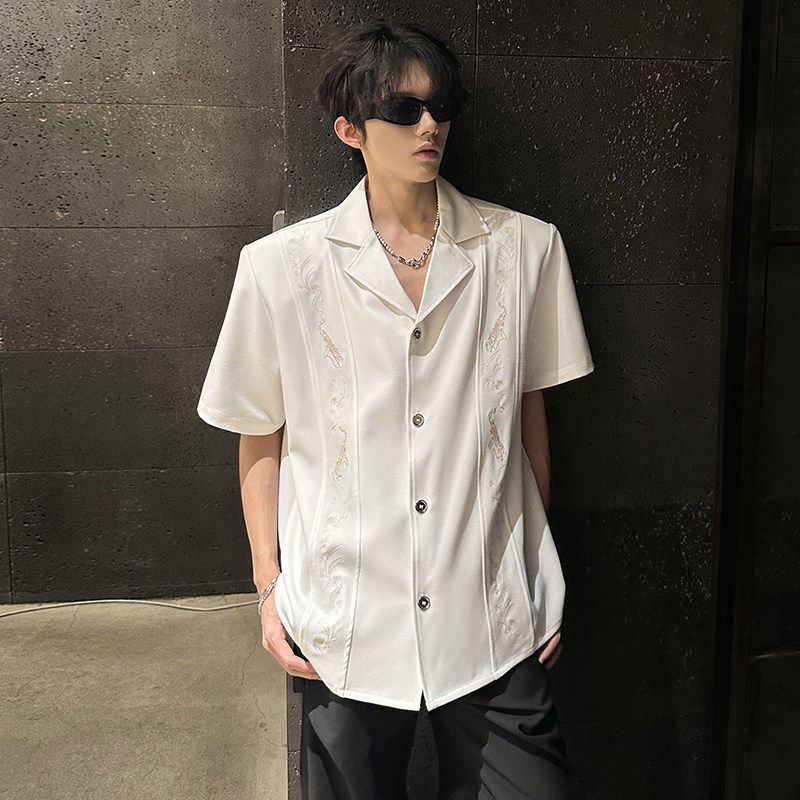 夏季古巴领刺绣垫肩短袖衬衫男设计感休闲痞帅宽松韩版半袖衬衫潮