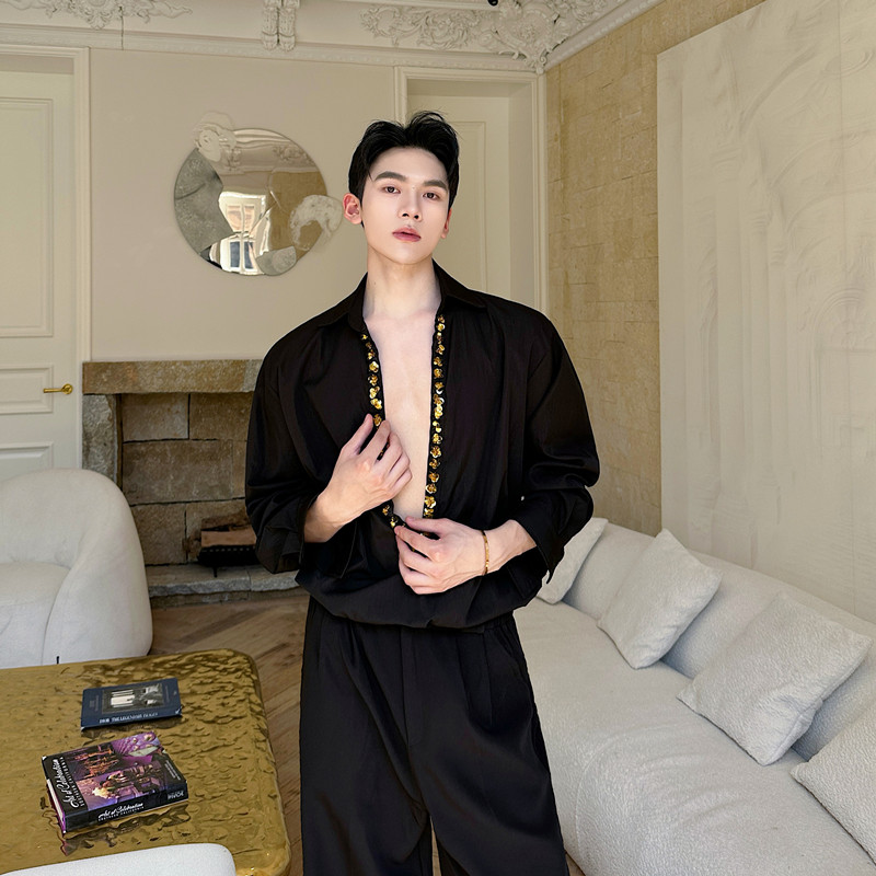 禁欲系痞帅大V领亮片长袖衬衫男坠垂高级感气质亮片衬衣发型师潮