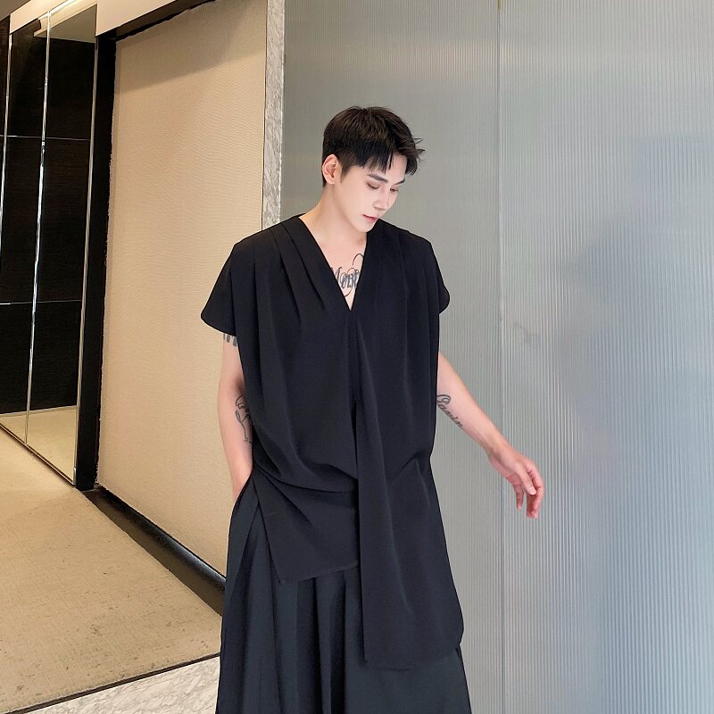 夏季暗黑系复古V领不规则套头衬衣短袖禁欲系冷淡风个性雅痞衬衫