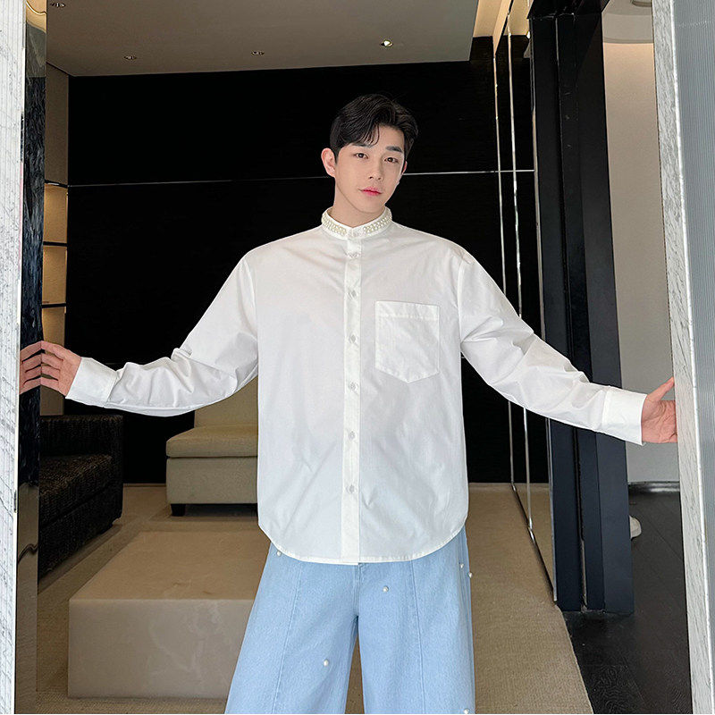 2024ss原创设计百搭气质法式手缝珍珠小香立领长袖衬衫纯色白衬衣