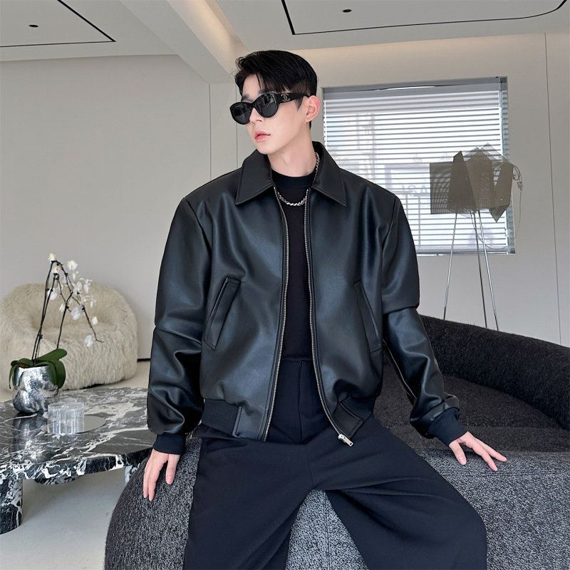 美式街头复古短款PU皮翻领夹克外套男短款高级感痞帅机车服廓形潮