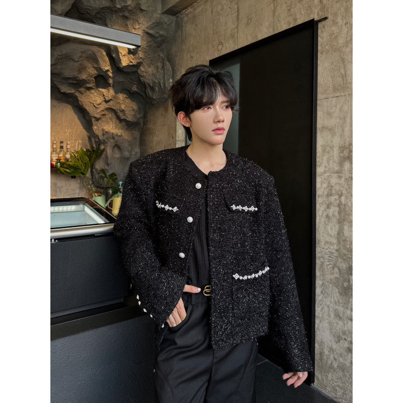 轻奢高级感短款垫肩小香风珍珠无领西装外套男粗花呢男模穿搭夹克