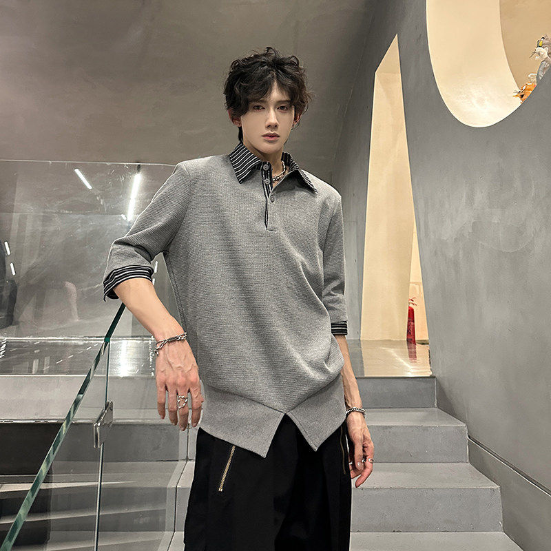 cleanfit美式条纹拼接垫肩五分袖t恤衫男半袖下摆开衩设计POLO衫