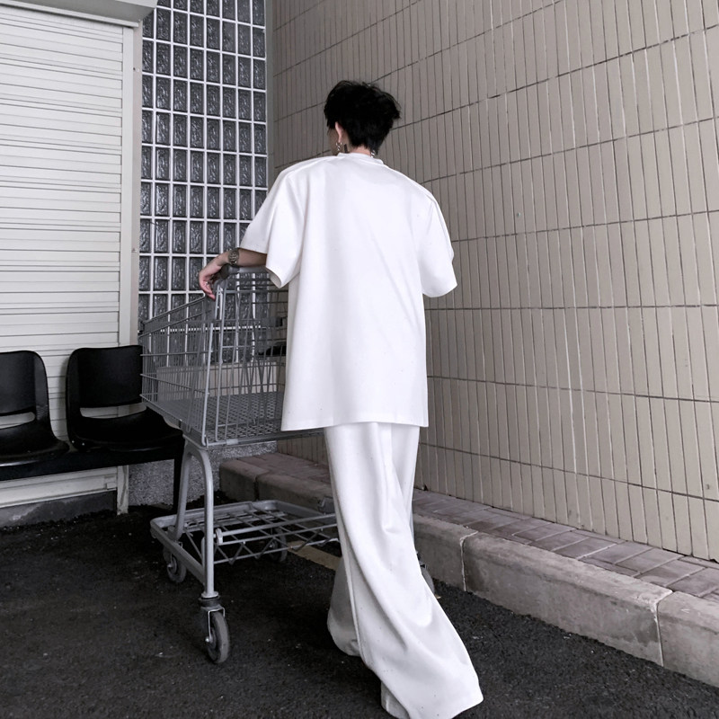 여름 아메리칸 스트리트 스팽글 디자인 반팔 티셔츠 남성 정장 루즈한 와이드 레그 바닥 길이 바지 투피스 트렌디 세트