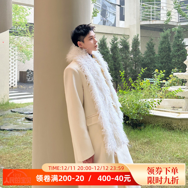 秋冬款韩国东大门时髦毛绒披肩围巾中长款加厚毛呢大衣男过膝风衣