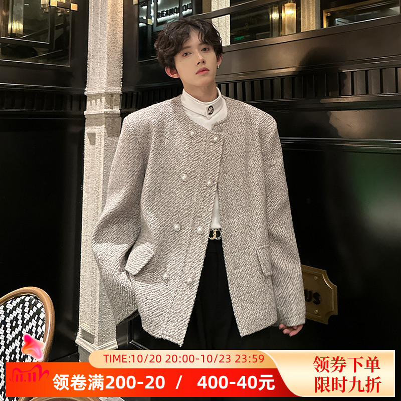 秋冬款高级感垫肩小香风双排扣西服外套轻奢时尚网红毛呢夹克上衣