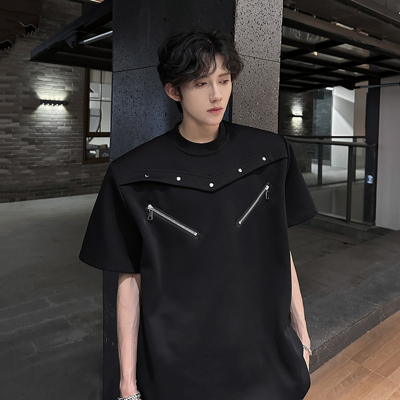 夏季垫肩设计感廓形小怪兽风痞帅T恤男短立体质感重磅解构潮牌t恤