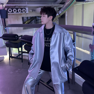 未来科技感金属银色休闲夹克男外套街舞痞帅亮面表演舞台装皮夹克