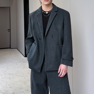 2025秋冬加厚休闲毛呢西服外套男呢子老钱风复古雅痞英伦西装 高级