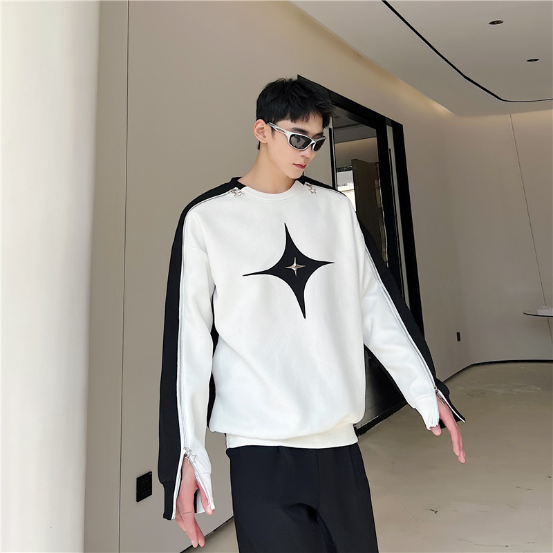 틈새 지퍼 흑백 대비 디자인 캐주얼 운동복 남성용 하이 엔드 잘 생긴 탑 ??미래 지향적 인 트렌디 브랜드 헤어 스타일리스트