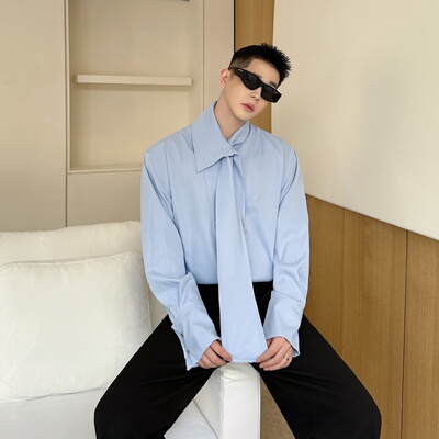 春夏气质时尚领带拼接设计感长袖衬衫男韩国网红垂感气质衬衣休闲