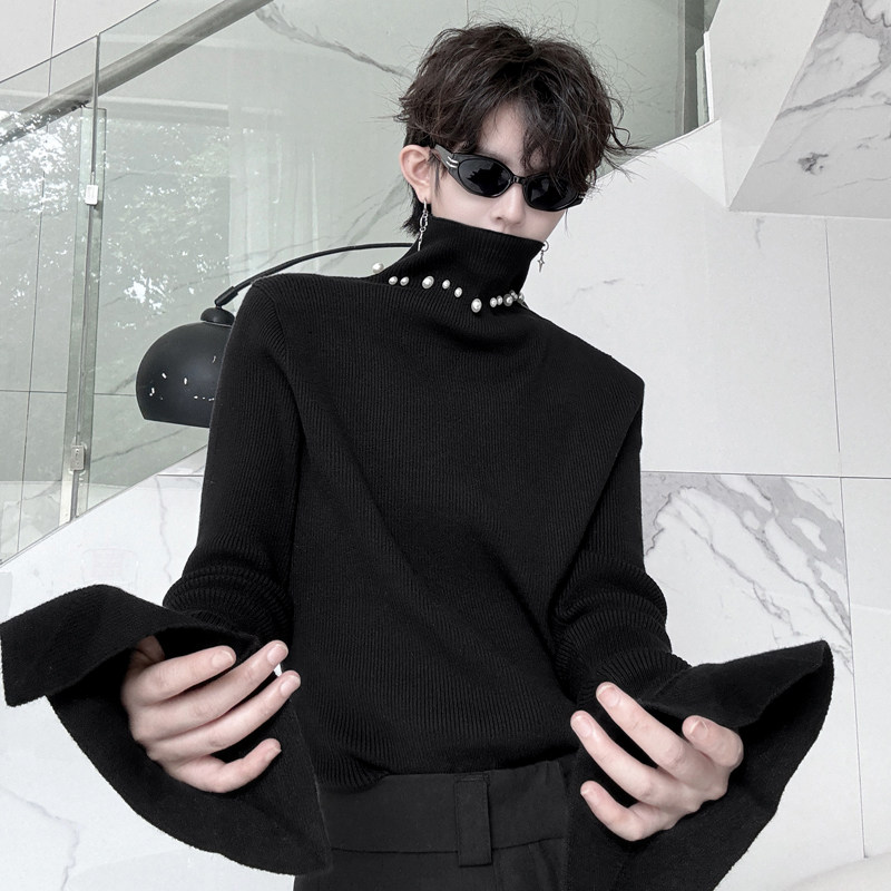 春秋韩版高领钉珠装饰男士针织衫薄毛衣痞帅高级感内搭上衣打底衫