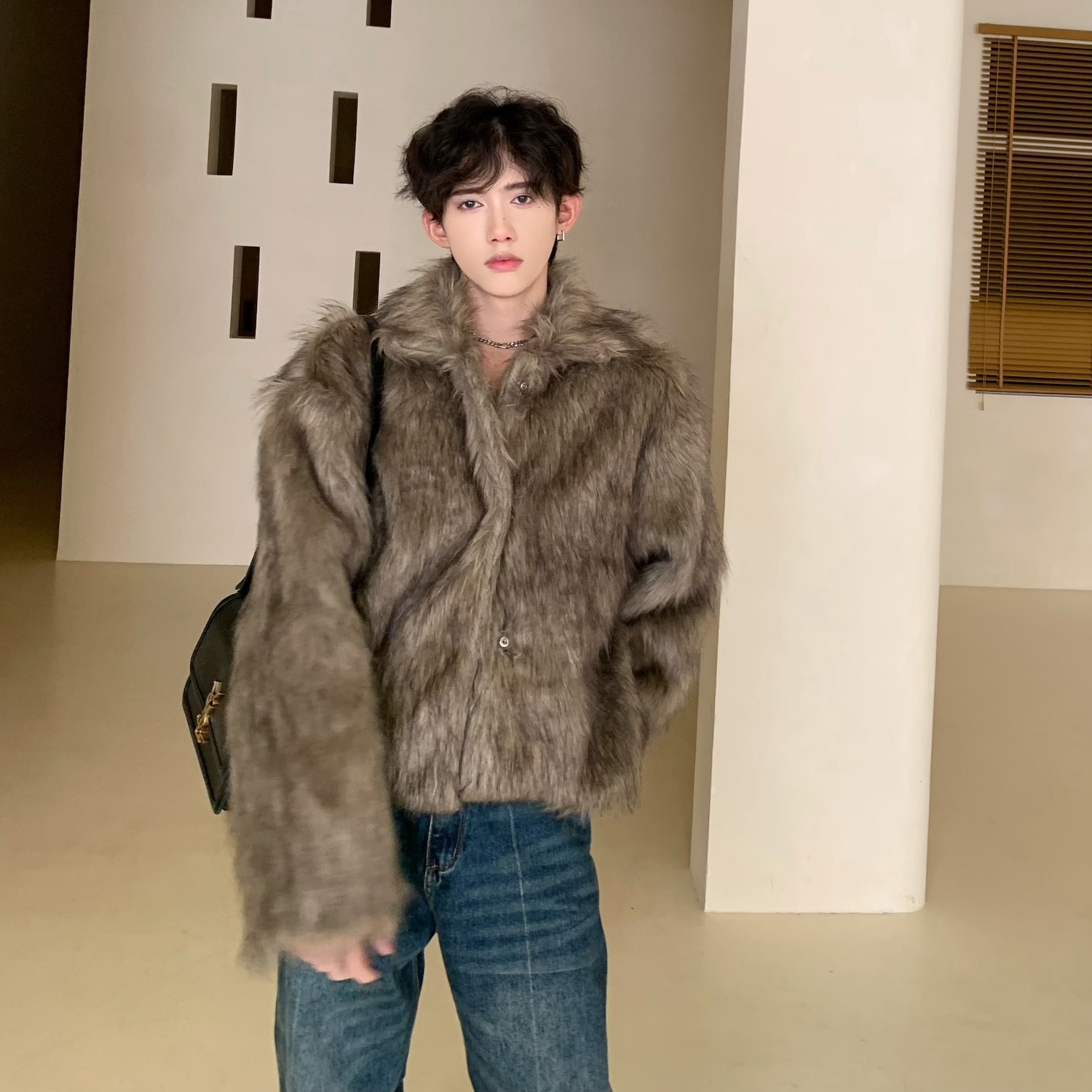 冬季气质时尚高级感加厚皮毛一体皮草男短款炸街仿狐狸毛大衣外套