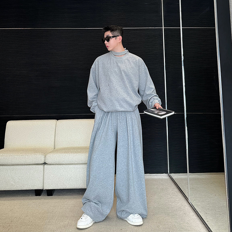 小众设计师韩系领口荷叶边慵懒休闲卫衣套装男阔腿运动卫裤两件套