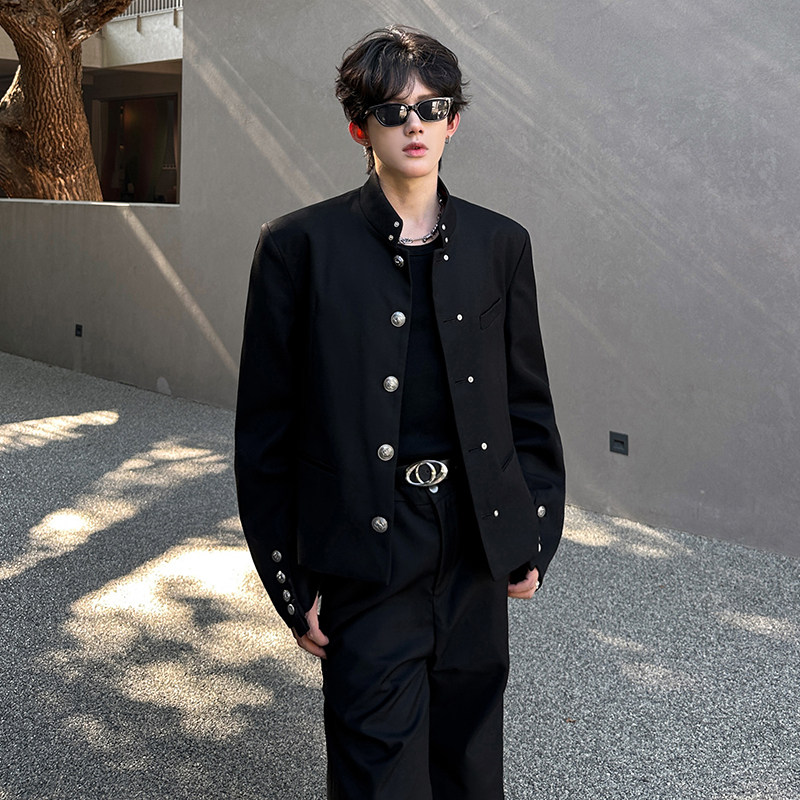 秋装高级感痞帅垫肩重工艺多金属扣中式西装夹克外套男短款气质潮