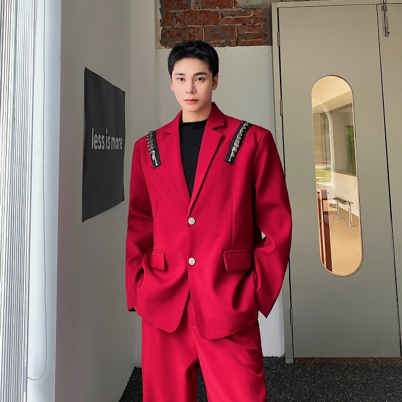 复古小众时尚高级感痞帅垫肩西装外套男韩版拉链设计感酒红色西服