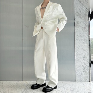 西裤 小小休闲裤 男气质时尚 原创重工艺艺珍珠水钻镶边直筒阔腿长裤