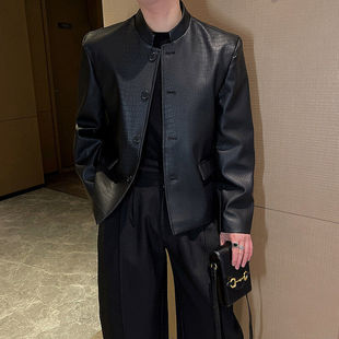 春秋高级感复古新中式男士鳄鱼纹pu皮夹克男立领短款西装雅痞皮衣