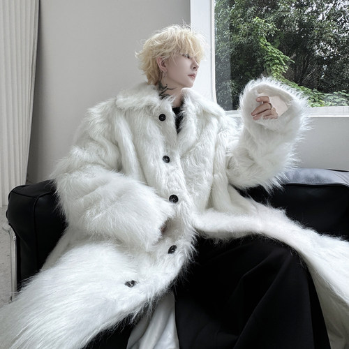 冬季高级感仿貂毛加绒皮草男中长款保暖抗冻外套狐狸毛过膝大衣厚