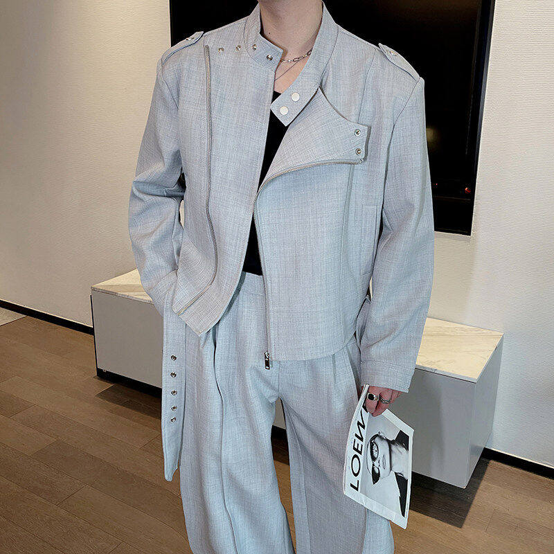 春秋小众解构高级感机车立领夹克短款外套男痞帅弯刀阔腿长裤套装