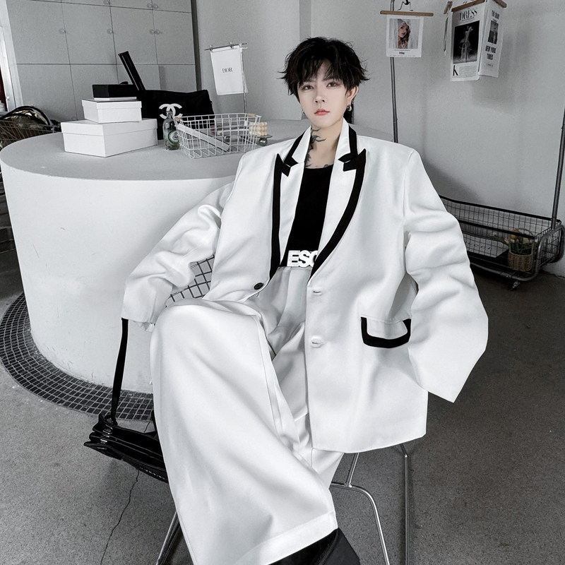 韩版网红黑白拼接休闲垫肩西装外套男套装宽松高级感阔腿西裤气质